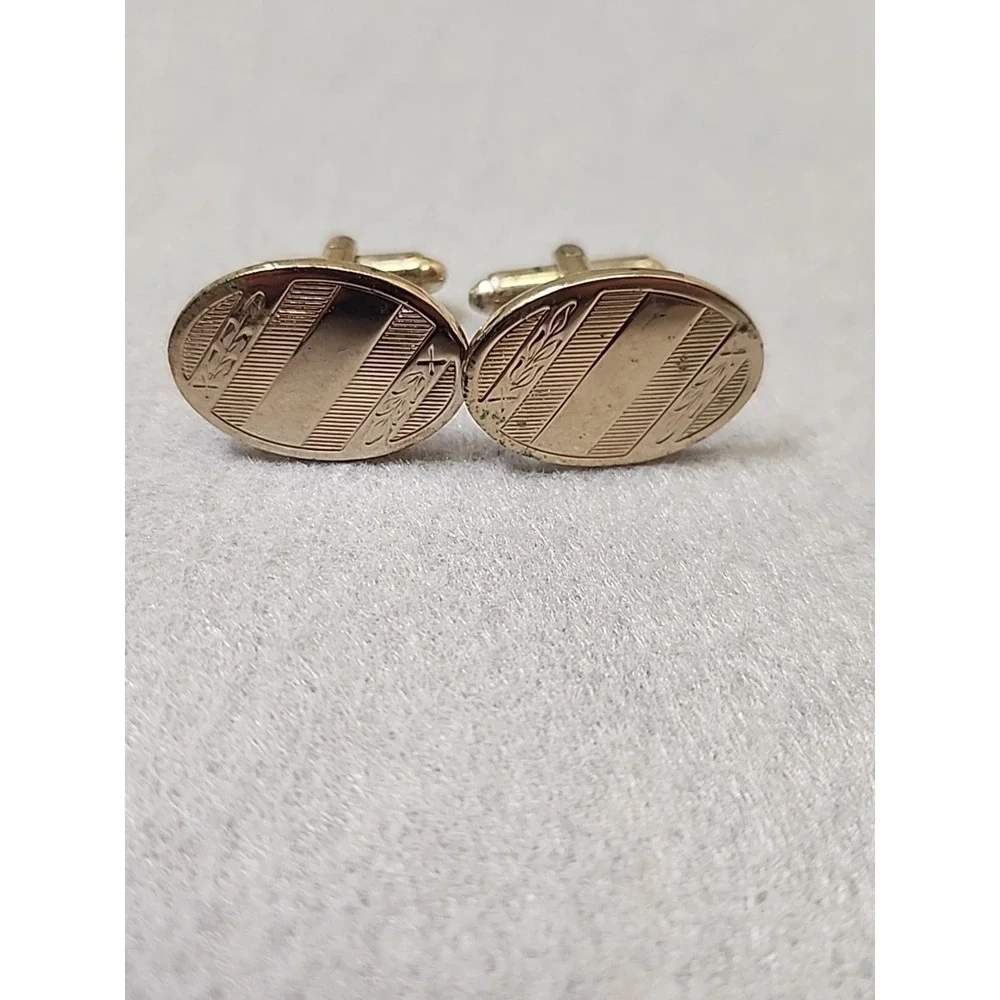 Gold Plated Cufflink Set with Engraved Vines - Vintage Cuff‎ Link Set